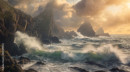 A panoramic vista of a rugged coastline, with waves crashing against jagged cliffs and seabirds soaring overhead, dramatic lighting and dynamic composition to convey the raw power and majesty