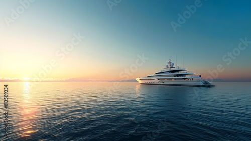 a luxury yacht in the distance in blue ocean with clear blue sky, fantasy art, sunrise in background