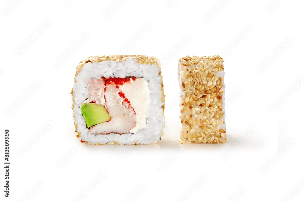 Sushi roll in sesame with crab meat, masago and avocado Sushi roll in sesame with crab meat, masago and avocado