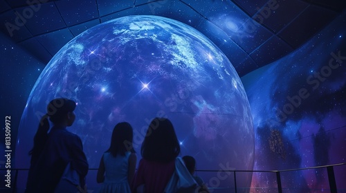 A planetarium dome showcasing a mesmerizing display of stars and galaxies, as a group of curious students gazes upward in wonderment, immersed in the mysteries of the universe and the wonders