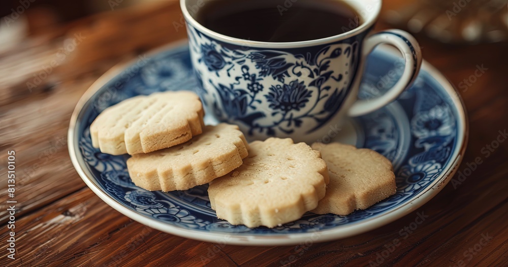 Close-up of British tea and shortbread cookies on elegant china plate, teacup softly blurred. Close-up of British tea and shortbread cookies on elegant china plate, teacup softly blurred.