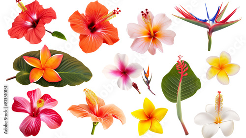 Set of assorted tropical flowers including hibiscus  frangipani  and bird of paradise  isolated on transparent background