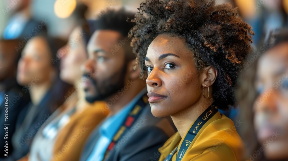 A wideangle photo of a diverse group of participants listening intently to a speaker at a business convention A wideangle photo of a diverse group of participants listening intently to a speaker at a business convention