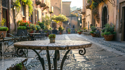 Elegant Stone Table with Town Square Backdrop photo
