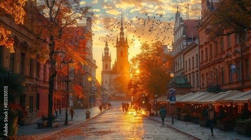 Sunset Over Historic European City Center with Adam Mickiewicz Monument and Autumn Leaves