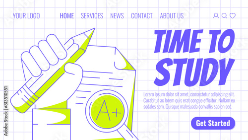 Pencil in hand, sheet of paper with high score. Time to study, back to school, education, learning concept. Vector modern template for web, banner, poster, landing page, website. Checkered background