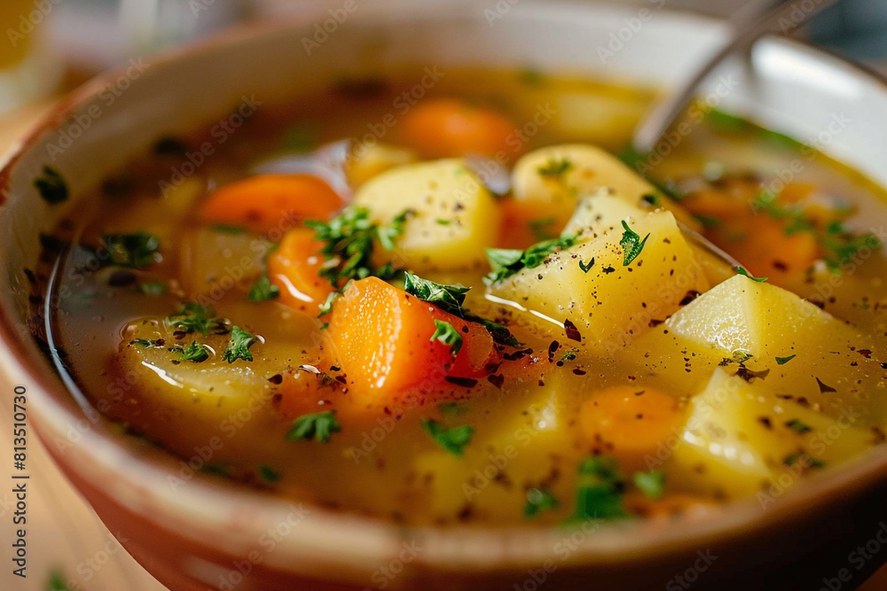 a plate of spring soup with, pieces of potatoes, carrots and herbs a plate of spring soup with, pieces of potatoes, carrots and herbs