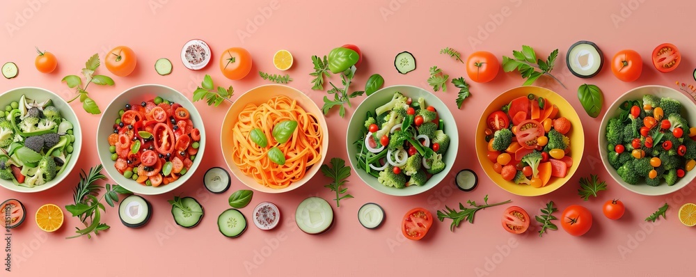 Various bowls of fresh vegetables and salad ingredients on pink background. Various bowls of fresh vegetables and salad ingredients on pink background.