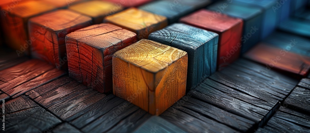 The wooden cubes have geometric patterns and are brightly colored. The wooden cubes have geometric patterns and are brightly colored.