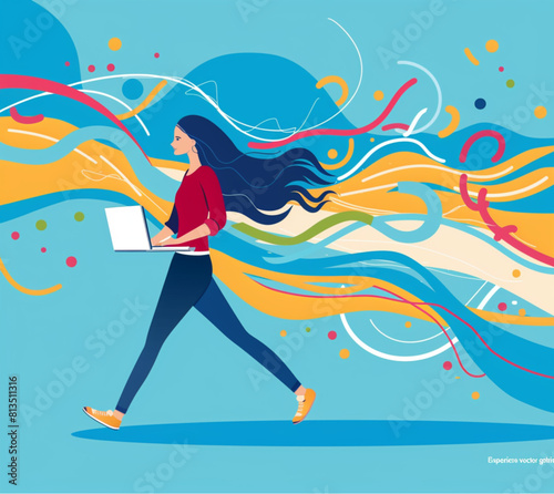 young woman walking and holding laptop  Flat illustration with blue background color and minimal design  The style of  Experience vector graphics