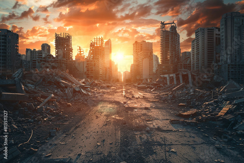 A postapocalyptic ruined city Destroyed buildings, destroyed roads, blown up skyscrapers The concept of the apocalypse  photo