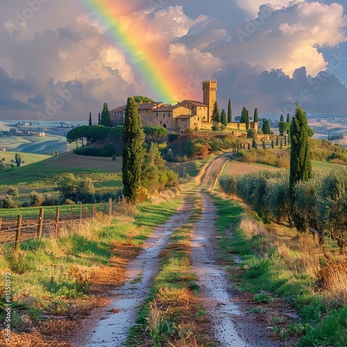 Scenic View of Montalcino Town Under a Rainbow in Tuscany  Italy Featuring a Historical Castle and Lush Greenery