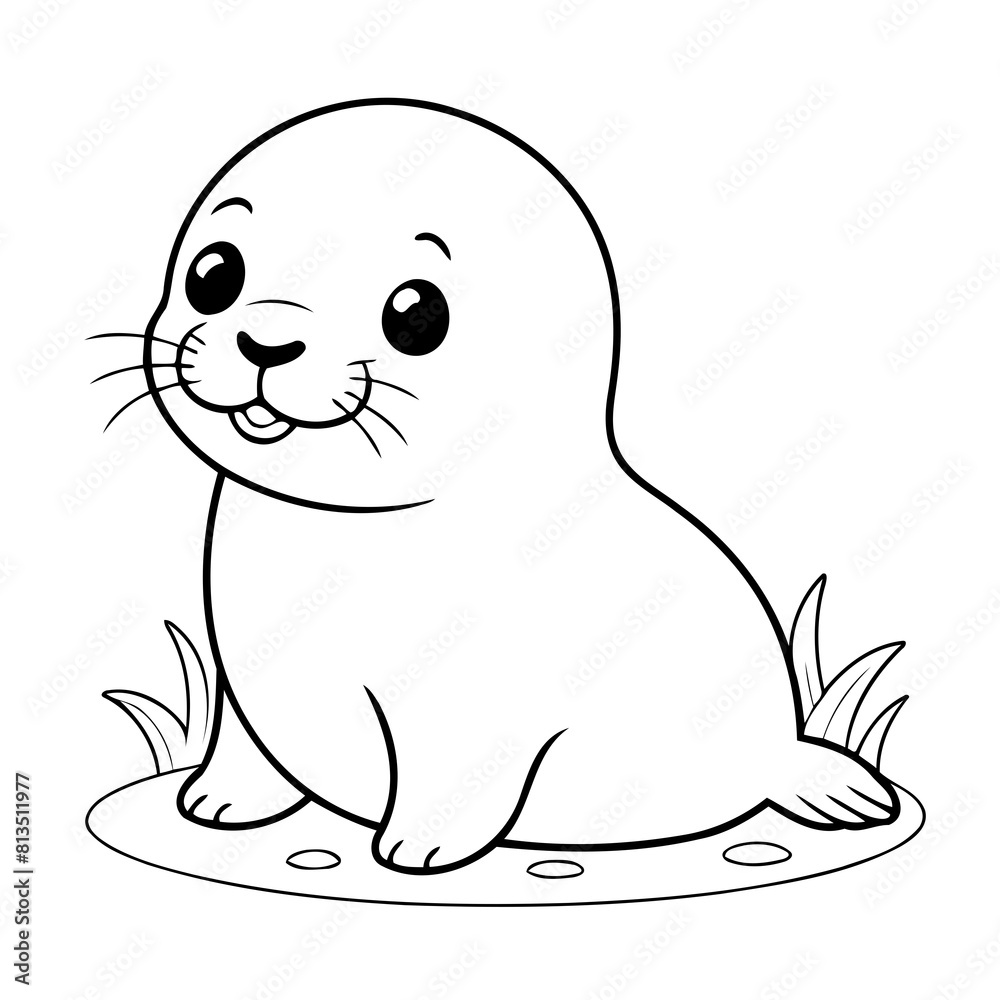 Fototapeta premium Vector illustration of a cute seal doodle colouring activity for kids