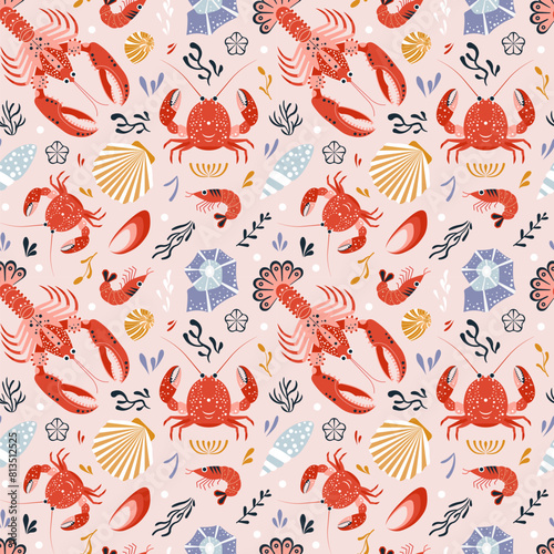 Lobsters and Crabs Summer Marine Pattern (ID: 813512525)