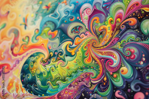 a psychedelic style, with swirling, kaleidoscopic colors