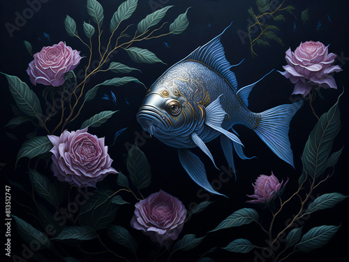 fish with flowers in water generative Ai