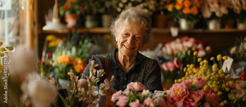 A portrait of a florist beaming with pride as she showcases handcrafted floral arrangements in a quaint flower shop. Surrounded by vibrant blooms and lush greenery.
