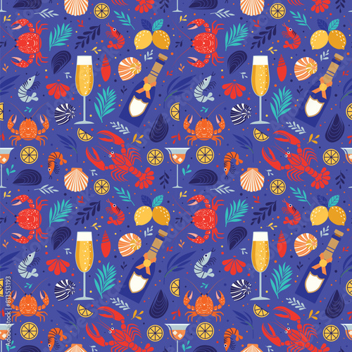 Seafood Pattern with Lobsters, Shrimps and Drinks (ID: 813513193)