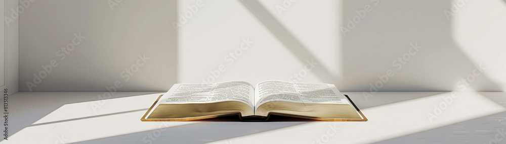 Fototapeta premium Pristine white setting with a classic Holy Bible, simplicity in complex belief, super realistic