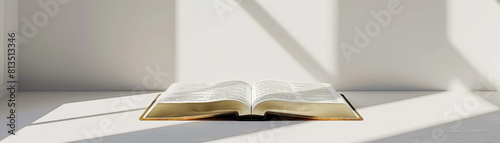 Pristine white setting with a classic Holy Bible, simplicity in complex belief, super realistic photo