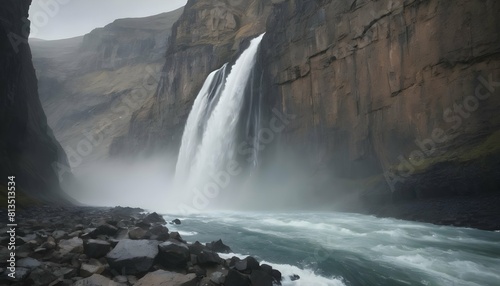 A powerful waterfall cutting through rugged cliffs