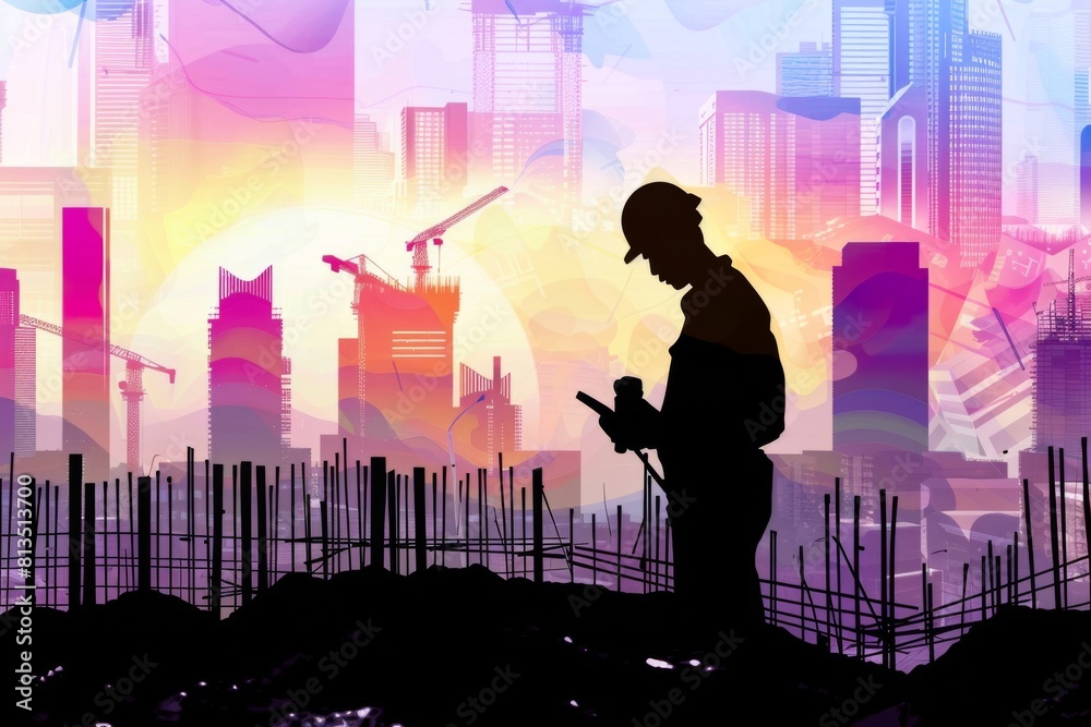 A silhouette of an engineer inspecting the progress of a construction site with a city skyline in the background , abstract , background A silhouette of an engineer inspecting the progress of a construction site with a city skyline in the background , abstract , background