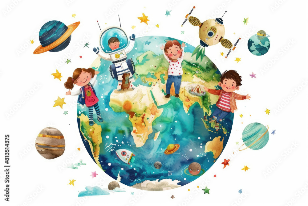 Naklejka premium Children piloting spaceships are flying around the Earth, exploring new frontiers in outer space