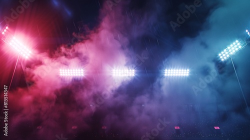 Stadium lights and smoke at night with copy space.