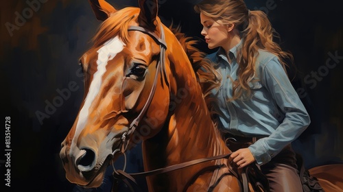 Equestrian harmony photo realistic illustration - Generative AI. Horse, woman, rider, reins.