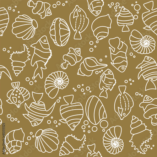 Seamless pattern Tropical fishes, shells lineart style. Cute funny underwater characters