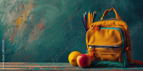 A school bag on the classroom table. Back to school concept photo