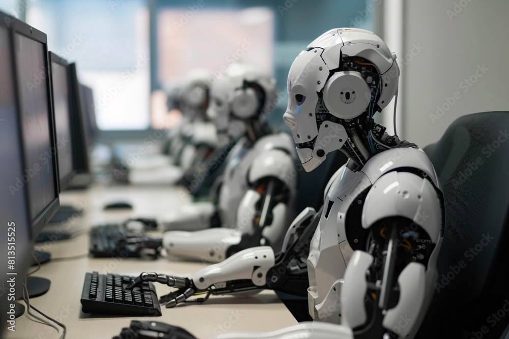 A robot with artificial intelligence works at a computer in the office IT Team, Help Center A robot with artificial intelligence works at a computer in the office IT Team, Help Center