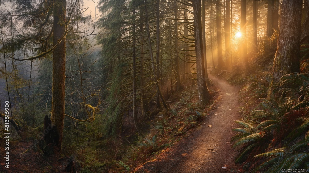 landscape of a winding mountain trail leading through dense forest, with sunlight filtering through the trees and a sense of adventure beckoning from beyond,  rich colors and crisp details to evoke .