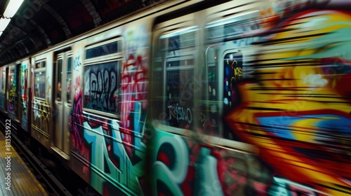 A graffiti covered subway train is in motion