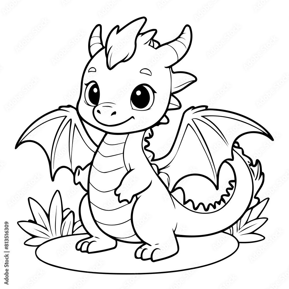 Fototapeta premium Cute vector illustration dragon doodle for toddlers coloring activity