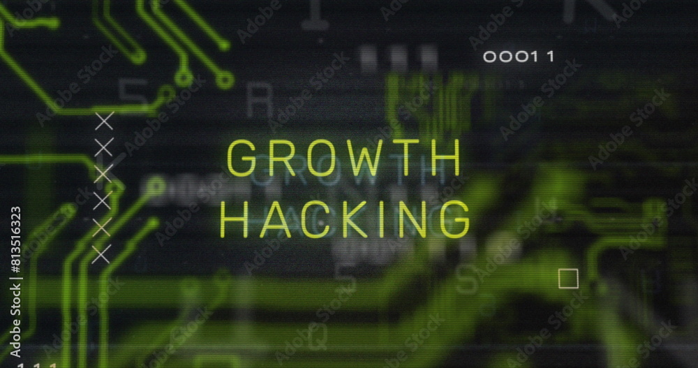 Image of growth hacking text over data processing and computer circuit board on black background