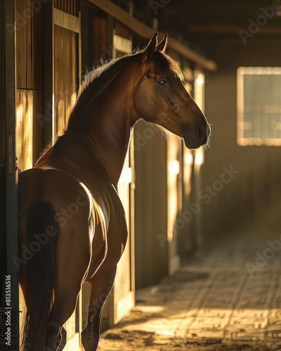 A horse is standing in a barn with a window in the background © Moon Story