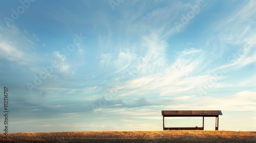 A wooden bench sits in a field with a clear blue sky above it