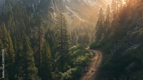 landscape of a winding mountain trail leading through dense forest  with sunlight filtering through the trees and a sense of adventure beckoning from beyond   rich colors and crisp details to evoke .