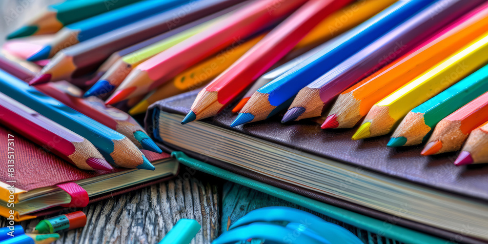 A variety of school supplies lying on the table. A close-up banner