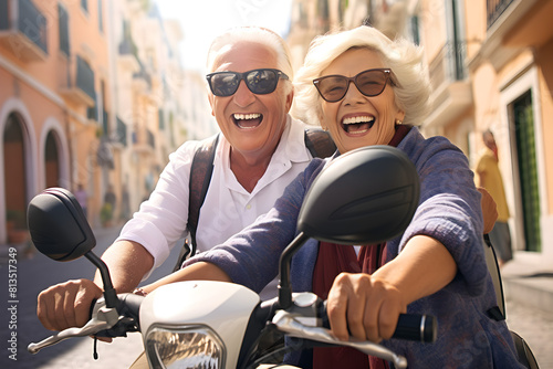 Retired, couple, scooter, vacation, Italy, European, holiday, joy, adventure, travel, fun, exploration, leisure, romance, scenic, picturesque, cultural, landmarks, sightseeing, cuisine, gelato, Vespa,