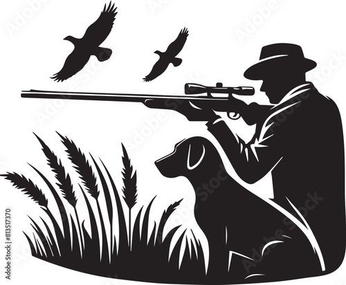 Black silhouette of a hunter with a dog in the forest. Duck hunting. Landscape of wild nature.