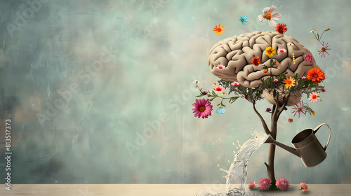 Affectionate : Human brain growing from a tree with flower, watering can is pouring water on the mind, mental health concept, positive attitude, creative thinking