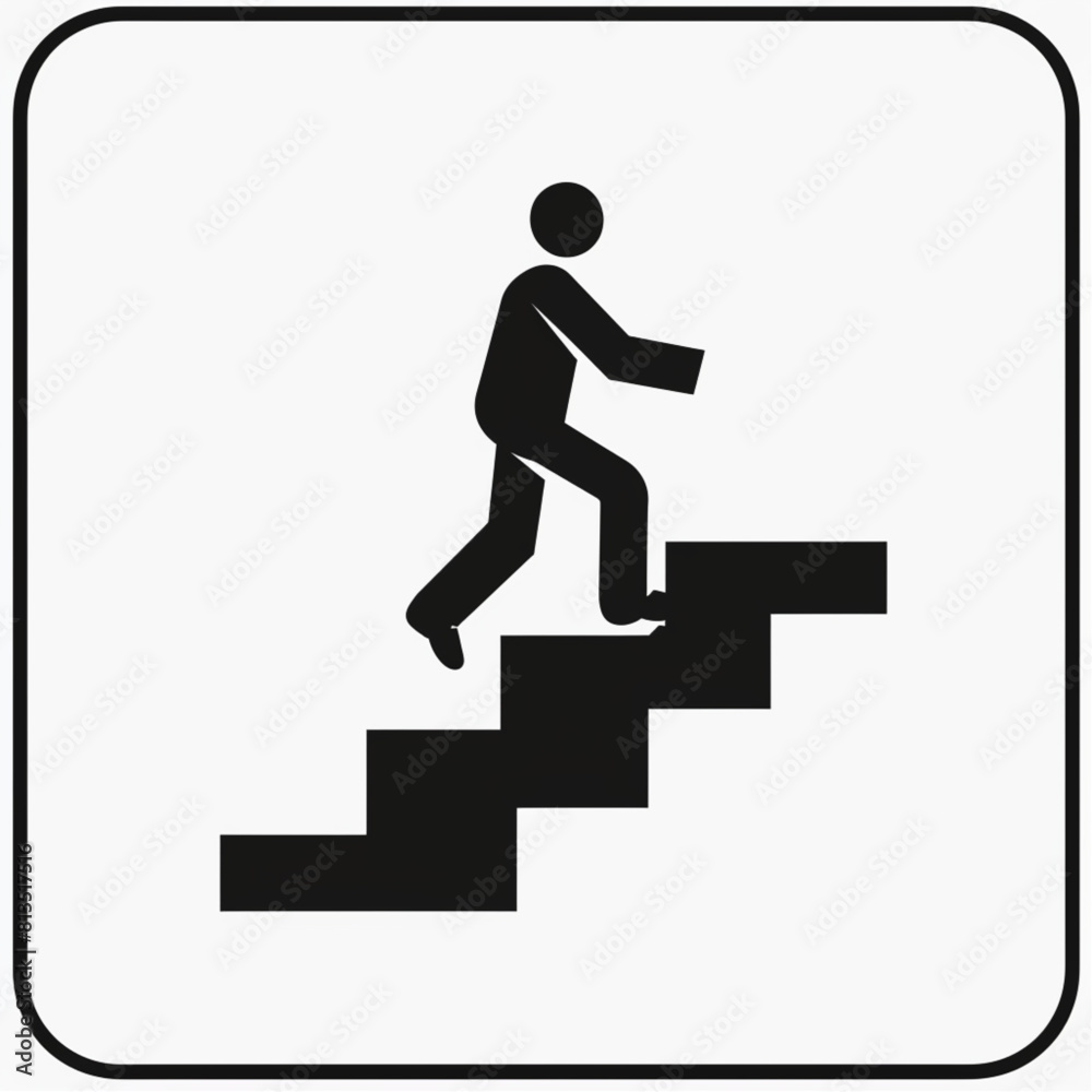 
simple icon, flat design, black on white background, person climbing stairs, simple shapes, vector graphic,