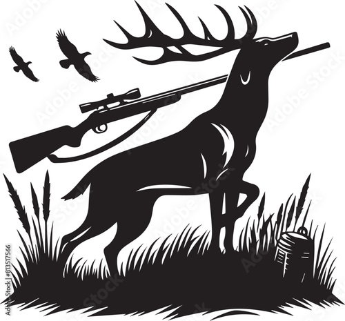 Black silhouette of a hunter with a dog in the forest. Duck hunting. Landscape of wild nature.