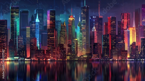 A city skyline is lit up at night with neon lights