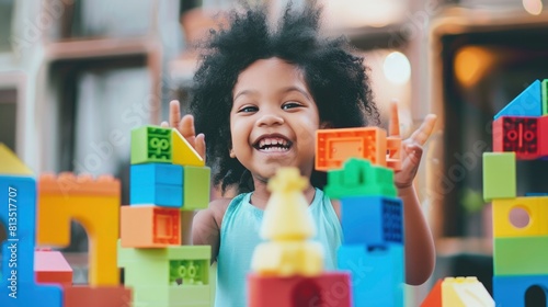 A young girl is playing with a large pile of colorful blocks photo