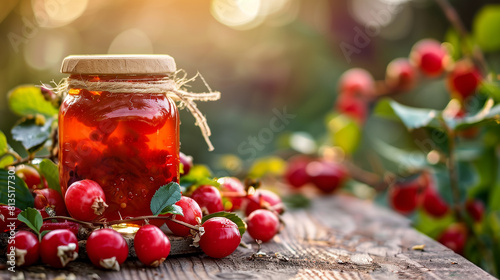 Homemade rosehip preserves or marmalade in a mason jar surrounded by fresh organic rosehip