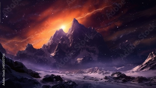 Beautiful mountain range under a star-filled night sky. Digital artwork of cosmic landscape surrounded with starry night. Adventure and exploration concept for wallpaper and design concept. AIG35.