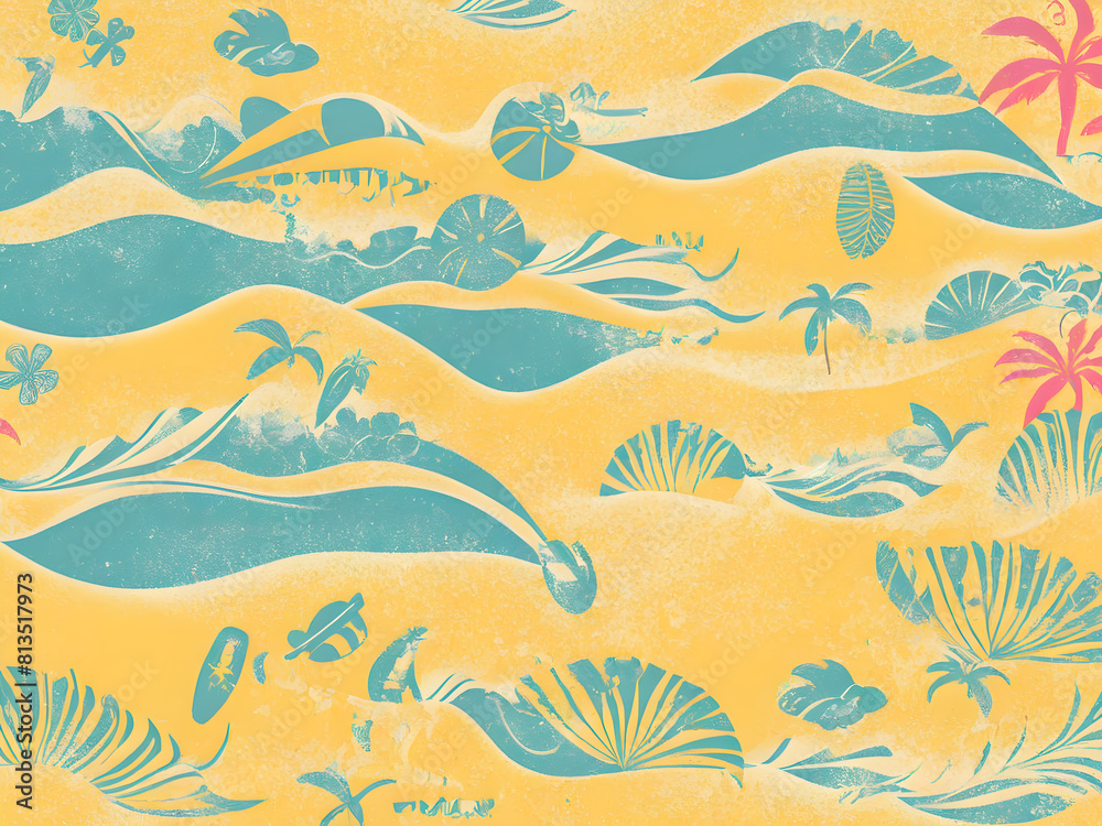 Summer themed drawing illustration background pattern in yellow tones, Generative AI Summer themed drawing illustration background pattern in yellow tones, Generative AI